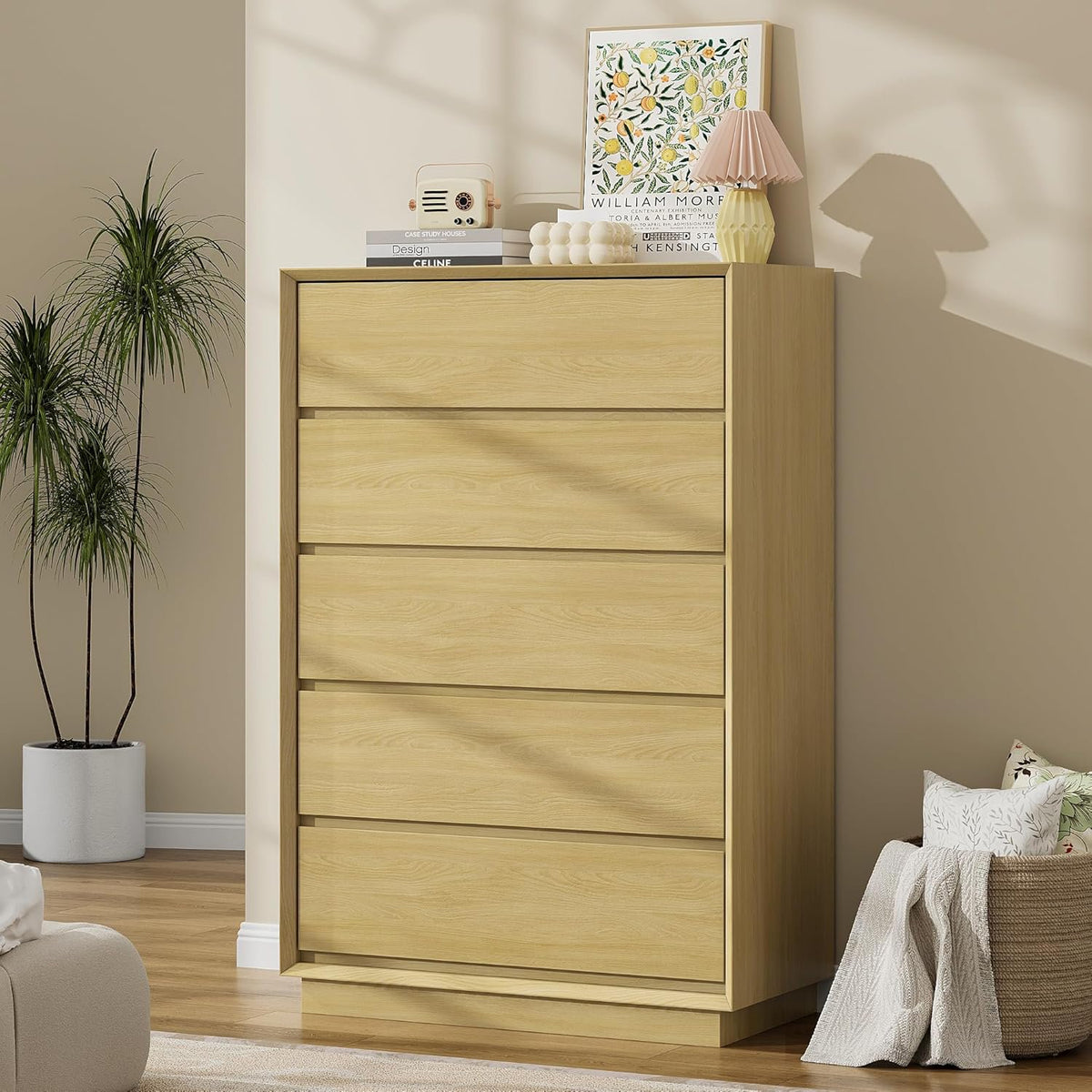 tall dresser with deep drawers IdealHouse Modern 5 Drawer Chest Wooden Storage Cabinet Versatile for Bedroom Dining Room Office Closet Hallway Kids Stylishly paneled drawers FOTOSOK White Dresser, 47.2" W