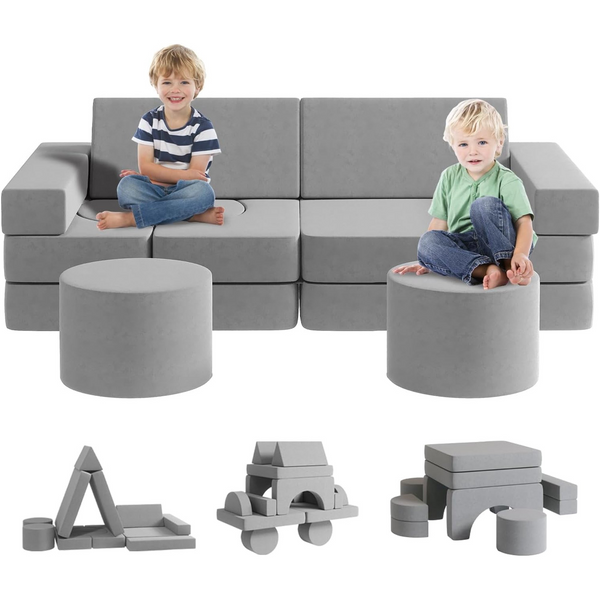 Modular Kids Play Chouch, 13pcs Modular Toddler Couch with 2 Ottomans, Fold Out kids Sofa Fort Play for Bedroom and Playroom, Foam Couch for Kids, Modular Kids Couch for Boys and Girls