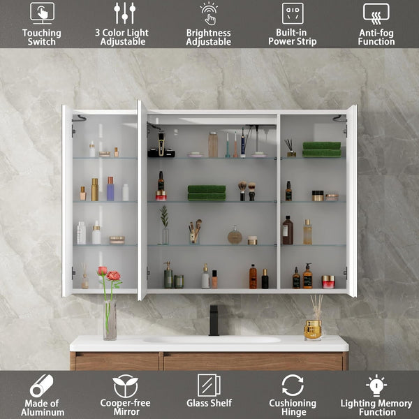 Medicine Cabinet with LED Mirror for Bathroom, 30''x48'' Aluminum, Wall Mounted Surface led Medicine Cabinet, Defog, Stepless Dimming, 3 Color Change, 2 Outlets, 2USB