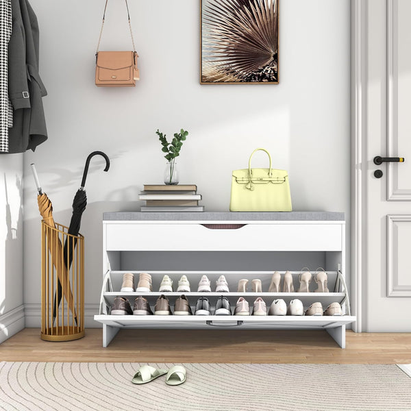 Shoe Storage Bench with Padded Cushion, Entryway Bench with Flip Drawer & Flip-Open Storage Box, Shoe Bench for Entryway, Bedroom, Hallway, Living Room
