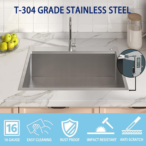 33 x 22 Inch Drop in Kitchen Sink, Pipleo 16 Gauge Stainless Steel Kitchen Sinks, 9 inch Deep Single Bow Kitchen Sink with Cutting Board, Colander, Roll-Up Rack, Workstation Sink for Kitchen