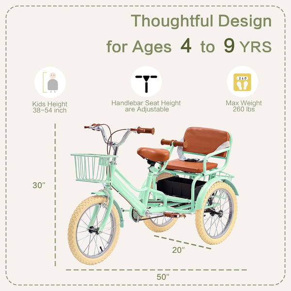 DEYGIA Kids Bike, 16 Inch Kids Tricycle Girls Bike 4-9 Years Old, Dual Handbrake Boys Bike with 2 Seats, 3 Storage Baskets