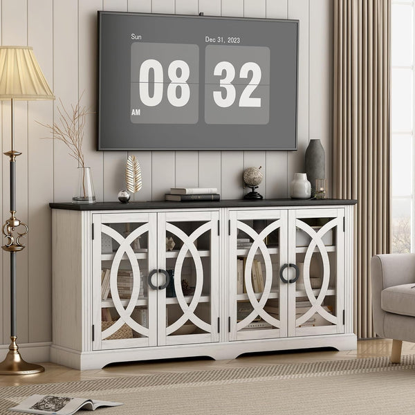 Akaber US 69" Sideboard Buffet, Farmhouse Buffet Cabinet with 4 Glass Barn Doors, Wood Sideboard Storage Cabinet for Kitchen, Dining Room, Living Room, Antique White