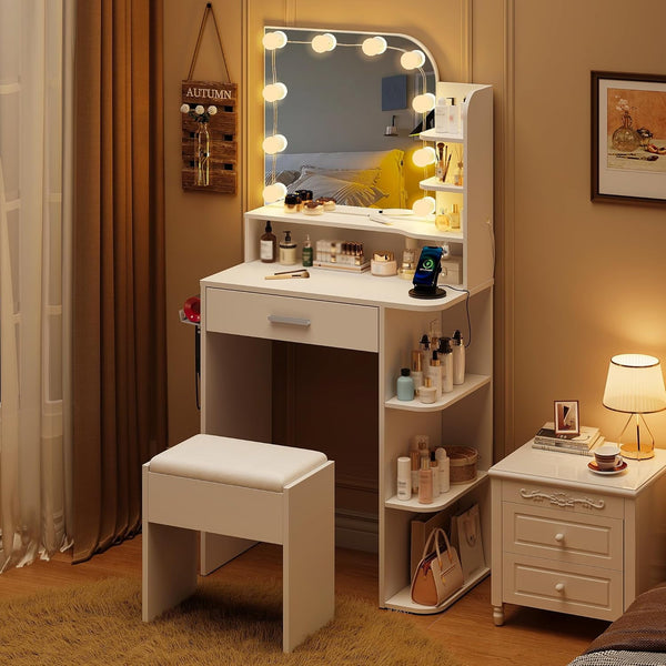 Pipleo 26.4" Small Makeup Vanity Set with Mirror and Lights, Modern Vanity Desk with Bench and Power Outlets