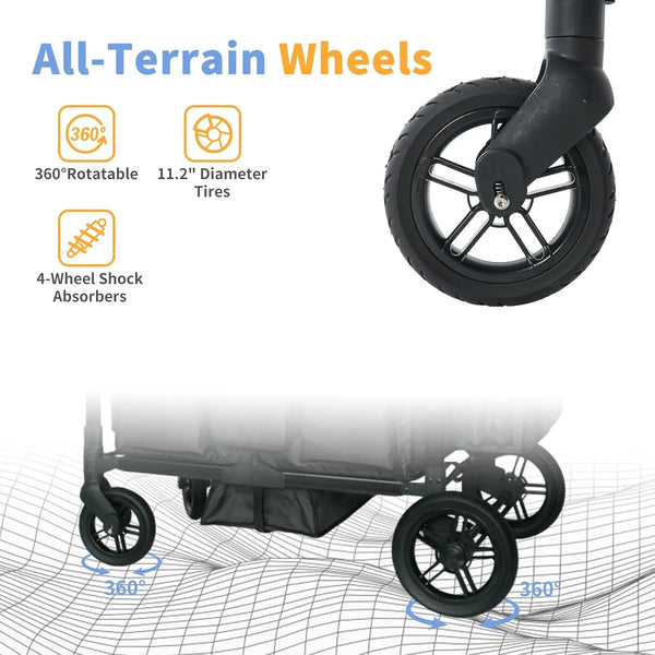 Wagon Stroller for 4 Kids, Linor Stroller Wagon 4 Seater Featuring 4 High Seat with Footwell, 5-Point Harnesses and Adjustable Canopy, Foldable Double Push Bar Baby Wagon for Camping