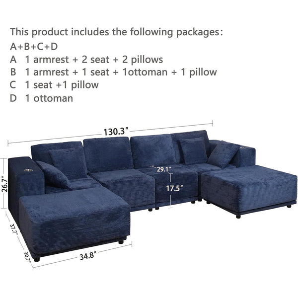 Akaber 130" Modular Sectional Sofa with U-Shape Chaise, 4-Seater Comfy Cloud Couch with Movable Ottoman, Deep Seat Couches for Living Room with Throw Pillows, Lake Blue