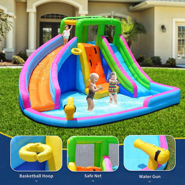 Wanan Inflatable Water Slide, 8 in 1 Water Slides Inflatables for Kids and Adults, 2 Large Water Slide with Air Blower, Splash and Deep Pool, Climbing Wall, Bounce House, Basketball Hoop (Dual Slide)