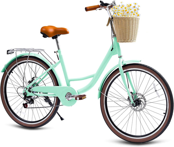 DEYGIA Kids Bike, Cruiser Bike for Girls, 24 inch 7 Speed Kids' Bicycles with Rattan Basket and Adjustable Seat, Lightweight Step Bike for Girls
