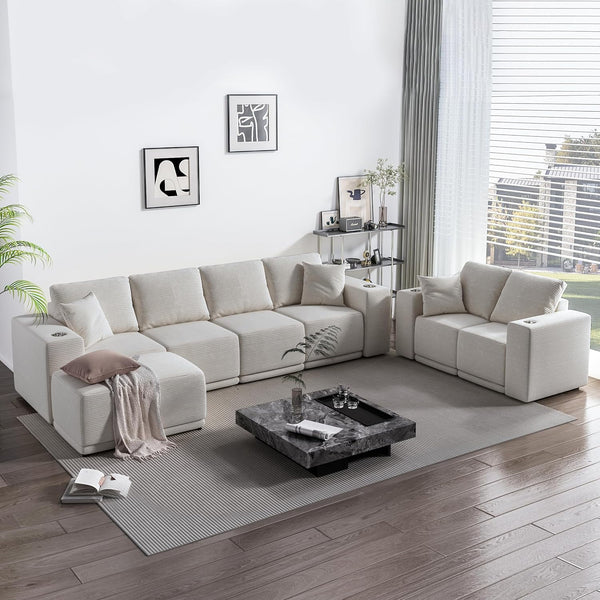 Akaber 130" Modular Sectional Sofa with L-Shape Chaise, 4-Seater Comfy Cloud Couch with Movable Ottoman, Deep Seat Couches for Living Room with Throw Pillows, Beige Grey