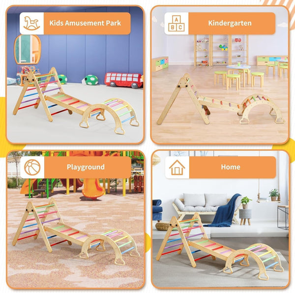 5 in 1 Pikler Triangle Set, Wooden Montessori Climbing Set with Ladder, Ramp, Arch, Rocker and Slide, Climbing Toys for Toddlers 1-3 Inside, Foldable Pikler Triangle