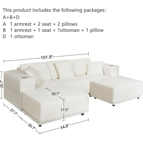 Akaber 101" Modular Sectional Sofa with U-Shape Chaise, 3-Seater Comfy Cloud Couch with Movable Ottoman, Deep Seat Couches for Living Room with Throw Pillows, White