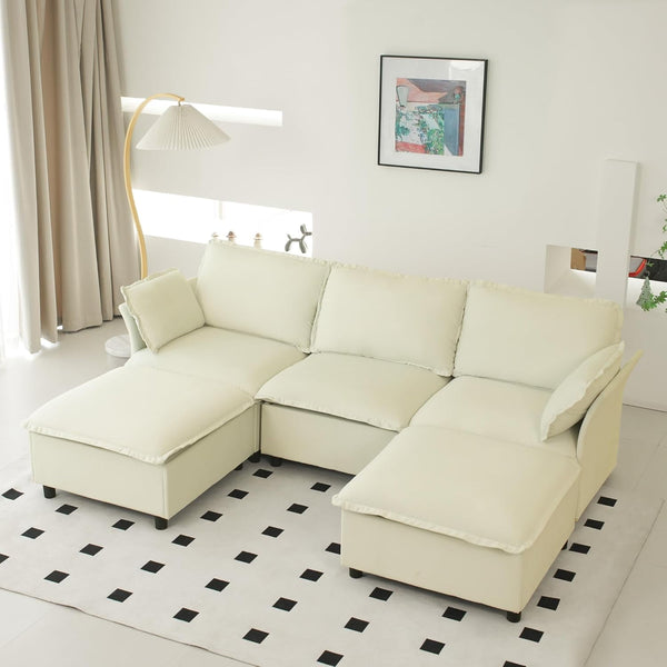 Akaber 100" U-Shaped Cloud Sectional Sofa, Modular Velvet Convertible Sofa Bed with Storage,Plush Living Room Couch (Beige)