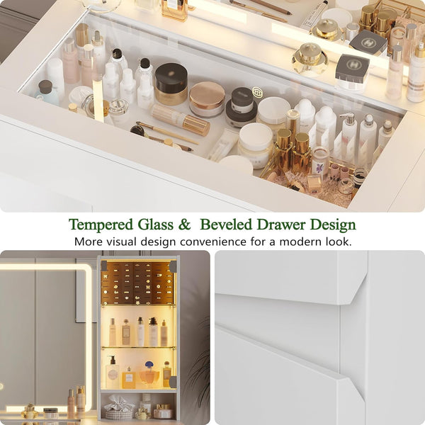 Pipleo 41" Vanity Desk with Glass Top, Makeup Vanity Desk with Mirror and Lights, Modern White Vanity with Power Outlet and 3 Lighting Modes