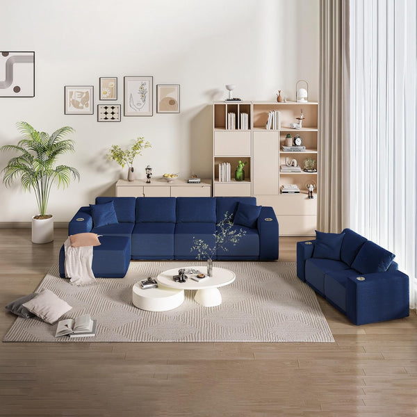 Akaber 130" Modular Sectional Sofa with L-Shape Chaise, 4-Seater Comfy Cloud Couch with Movable Ottoman, Deep Seat Couches for Living Room with Throw Pillows, Lake Blue