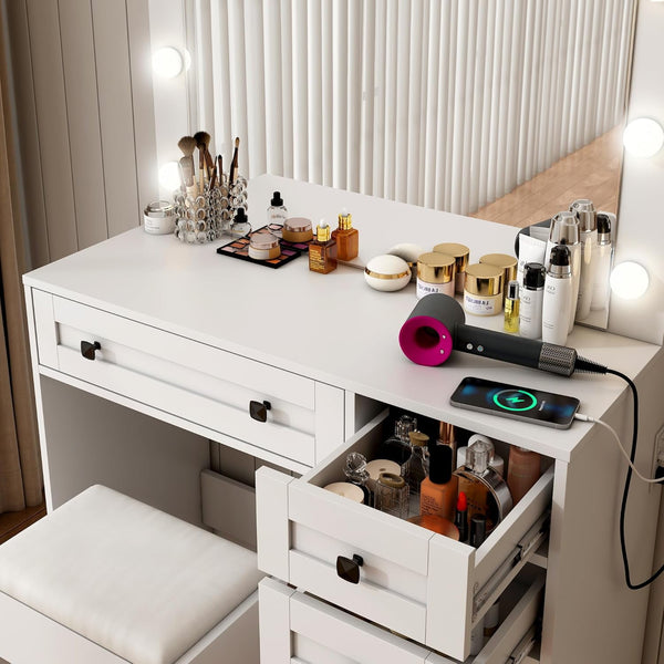 35.4" Makeup Vanity Desk with Mirror and Light,Glass Tabletop Farmhouse White Vanity with Power Outlet & 3 Drawers, 3 Color Lighting Mode, Bedroom Vanity Desk for Girl, Women