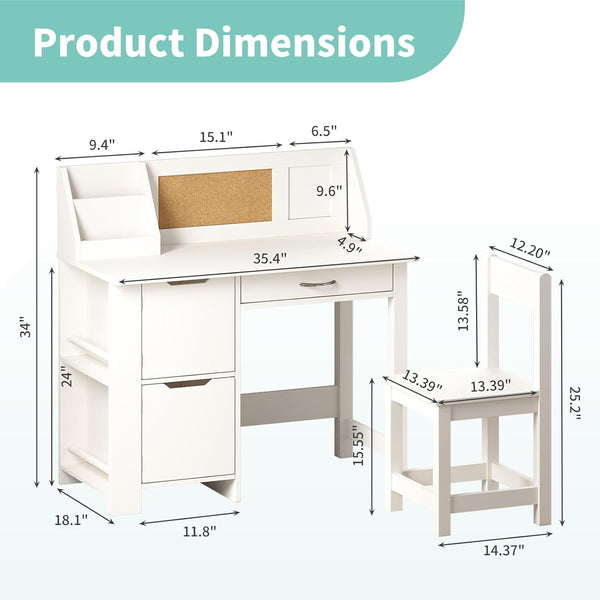 White Kids Study Desk with Chair, Wooden Kids Study Desk and Chair Set, Study Table for Boys and Girls, Kids Computer with Storage Drawers, Bookshelf and Bullentin Board