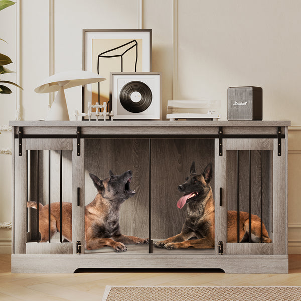 Linor Wooden Double Dog Crate Furniture with Divider and Sliding Door for Two Dogs