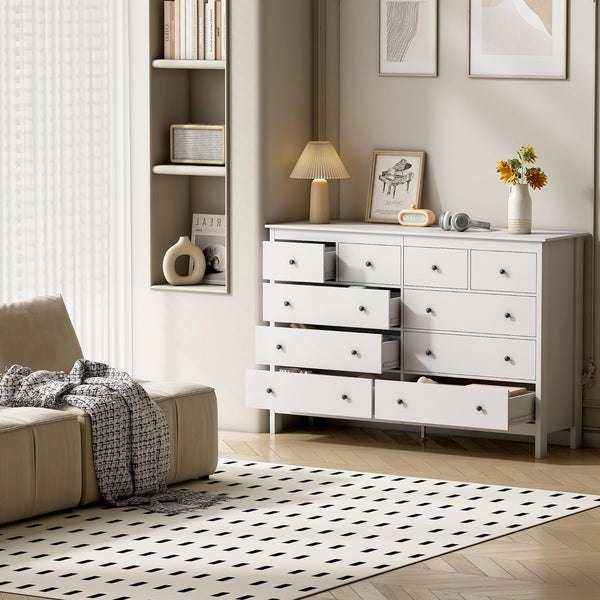 Linor 10 Drawer Dresser, 55" Modern White Dressers, Chest of Drawers, Wooden Wide Dresser for Bedroom, Living Room, White