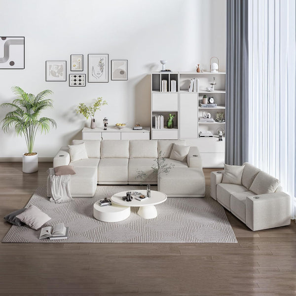 Akaber 130" Modular Sectional Sofa with U-Shape Chaise, 4-Seater Comfy Cloud Couch with Movable Ottoman, Deep Seat Couches for Living Room with Throw Pillows, Beige Grey