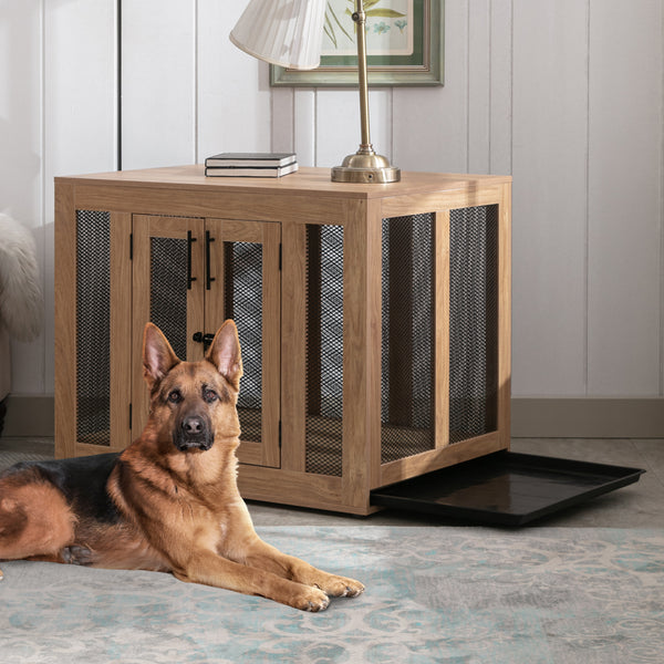 Wooden Dog Crate Furniture with Cushioned Tray and Double Doors - Stylish End Table for Small Dogs and Cats