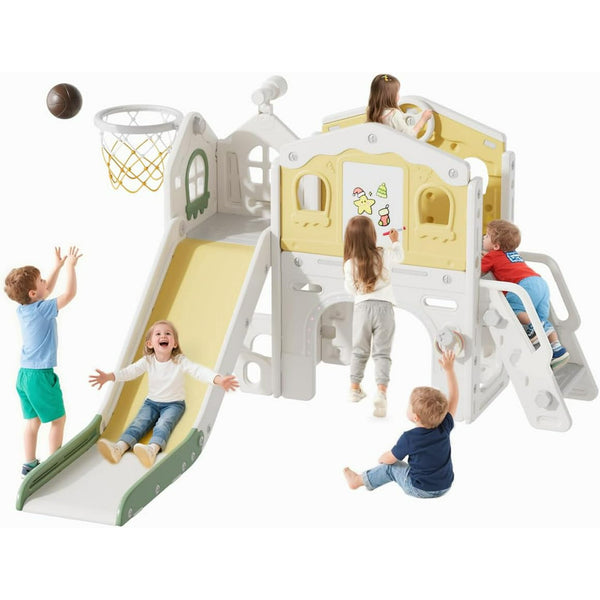 11 in 1 Toddler Slide, Kids Indoor Slide for Toddlers 1-3 Years Old, Pipleo Toddler Indoor Playground with Drawing Board, Ring Toss, Basketball Hoop and Storage