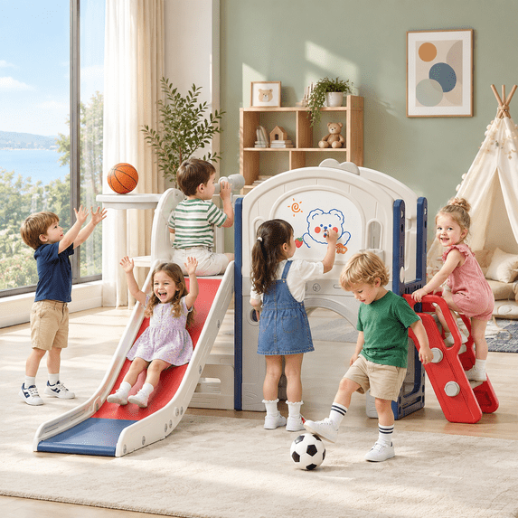 11 in 1 Toddler Slide, Indoor Kids Playground for 1-3 Years Old with Drawing Board, Ring Toss, Basketball, Soccer Ball & Storage