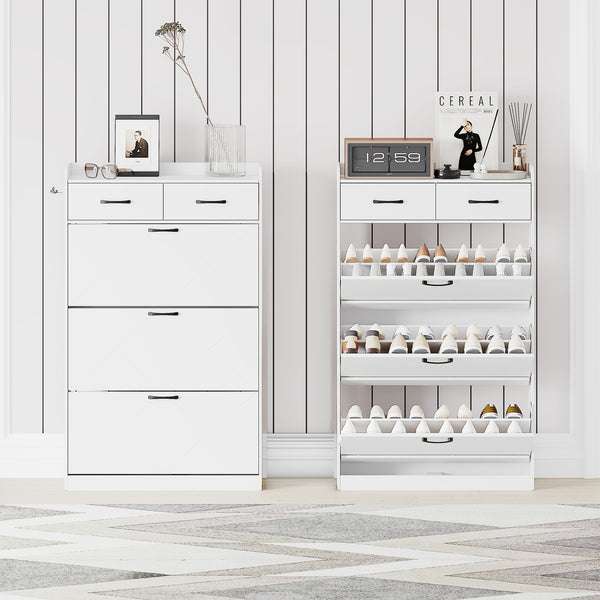 Shoe Cabinet, 24 Pairs Shoe Storage Cabinet with 2 Drawers and 3 Flip Doors for Sneakers, High Heels, 47'' Hidden Shoe Cabinet Storage for Entryway and Hallway with 3 Tier Rack (Modernity)