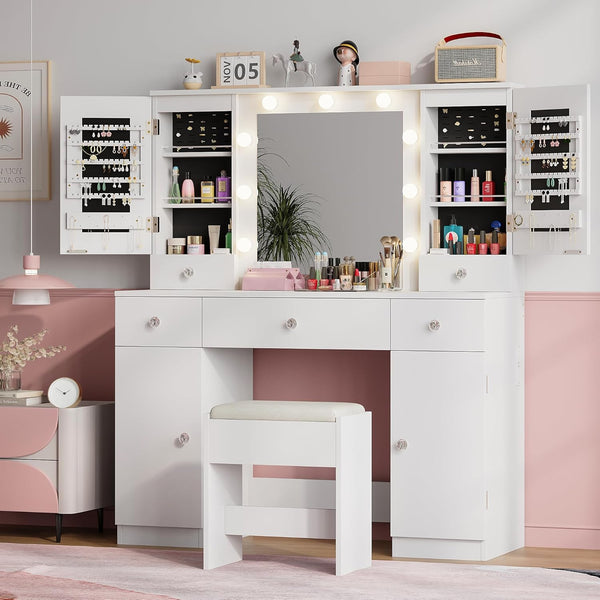 wanan White Vanity with Jewelry Storage, Big Makeup Vanity Desk with Mirror and Lights, 5 Drawers and 4 Cabinets, 45.3'' Large Vanity Set for Bedroom