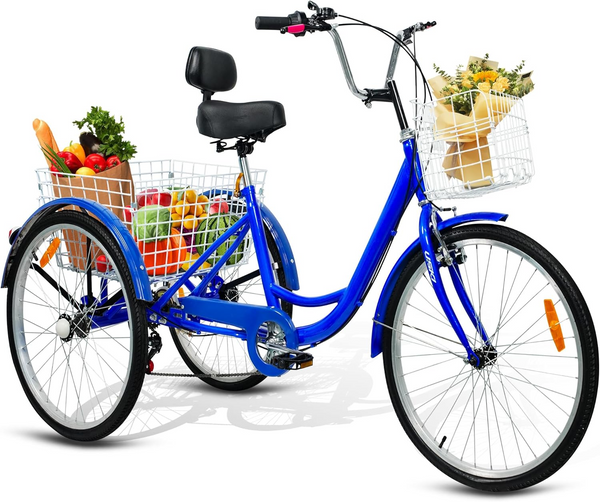 Adult Tricycle, 24 Inch 3-Wheel Bikes, 1 & 7 Speed Trike for Adults, Low Step-Through Cruiser Bike with Front and Rear Baskets, Three Wheel Bikes for Seniors, Women, Men
