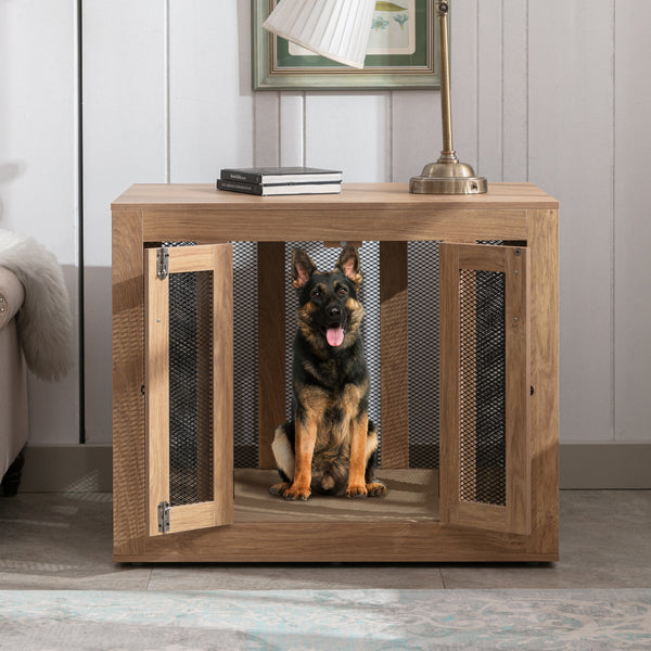 Wooden Dog Crate Furniture with Cushioned Tray and Double Doors - Stylish End Table for Small Dogs and Cats