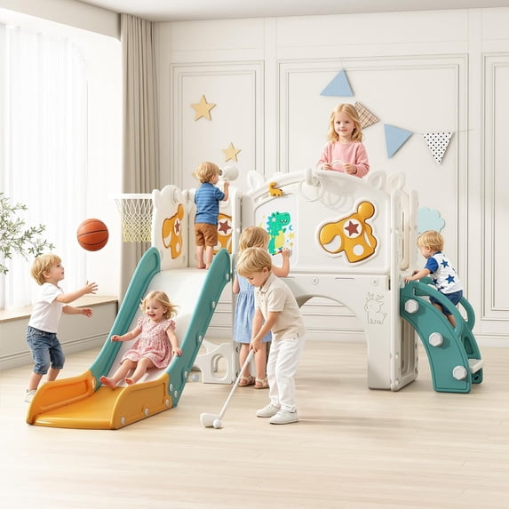 12 in 1 Toddler Slide, NEORIVER Kids Indoor Slide for Toddlers 1-3 Years Old, Toddler Indoor Playground with Drawing Board, Golf Set, Ring Toss, Basketball Hoop and Storage