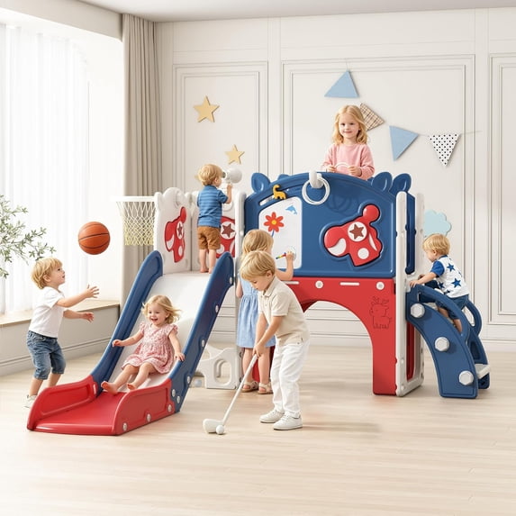12 in 1 Toddler Slide, NEORIVER Kids Indoor Slide for Toddlers 1-3 Years Old, Toddler Indoor Playground with Drawing Board, Golf Set, Ring Toss, Basketball Hoop and Storage