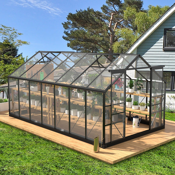 Polycarbonate Greenhouses, 8x14 FT Green Houses for Outside with 4 Adjustable Roof Vents, Walk-in Aluminum Frame Greenhouse with Sliding Doors for Garden Backyard
