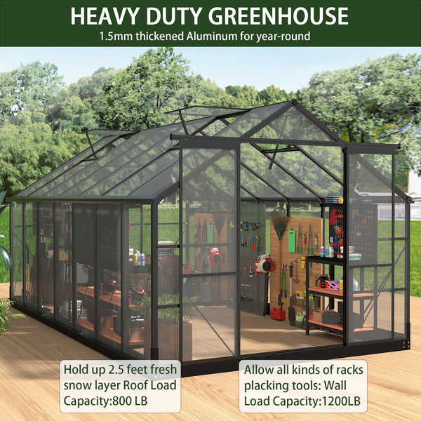 Polycarbonate Greenhouses, 8x14 FT Green Houses for Outside with 4 Adjustable Roof Vents, Walk-in Aluminum Frame Greenhouse with Sliding Doors for Garden Backyard