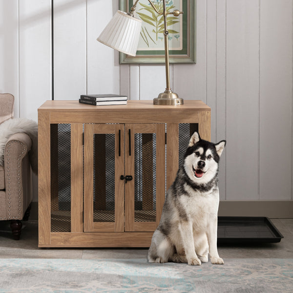 Wooden Dog Crate Furniture with Cushioned Tray and Double Doors - Stylish End Table for Small Dogs and Cats