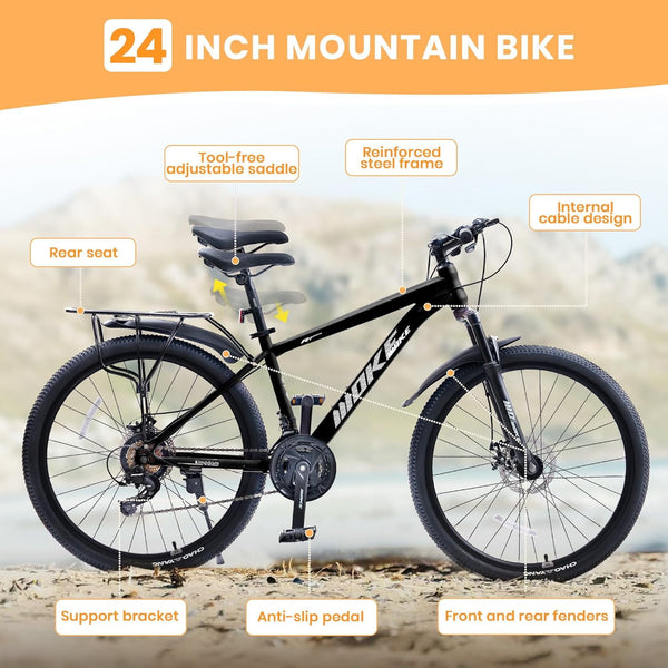 24 Inch Kids Mountain Bike for Boys and Girls 6+, 21-Speed All-Terrain Bicycle with Suspension Fork, Dual Disc Brakes, Rear Rack & Internal Cable Routing