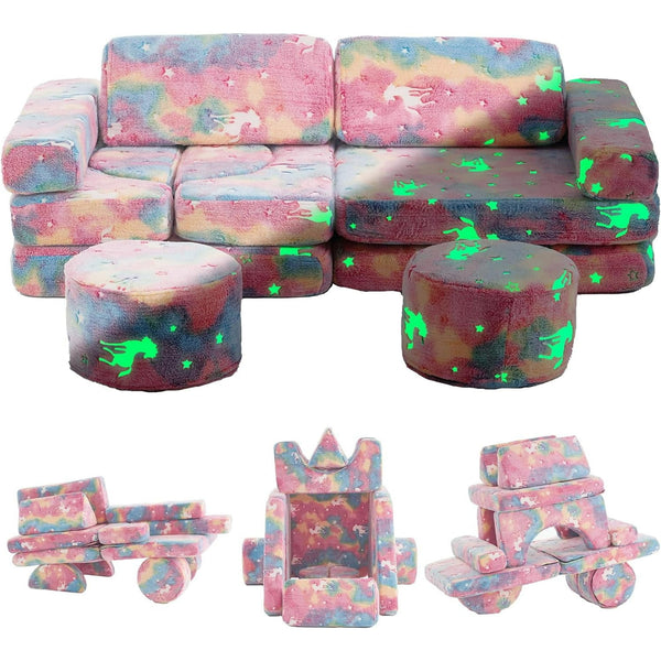 13Pcs Kids Couch, Wanan Toddler Couch Kids Sofa Couch, Kids Fold Out Couch for Playroom Bedroom, Modular Couch for Boys and Girls, Play Couch Sofa for Kids, Glowing Unicorn