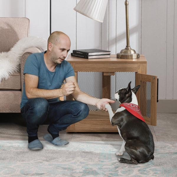 Wooden Dog Crate Furniture with Cushioned Tray and Double Doors - Stylish End Table for Small Dogs and Cats