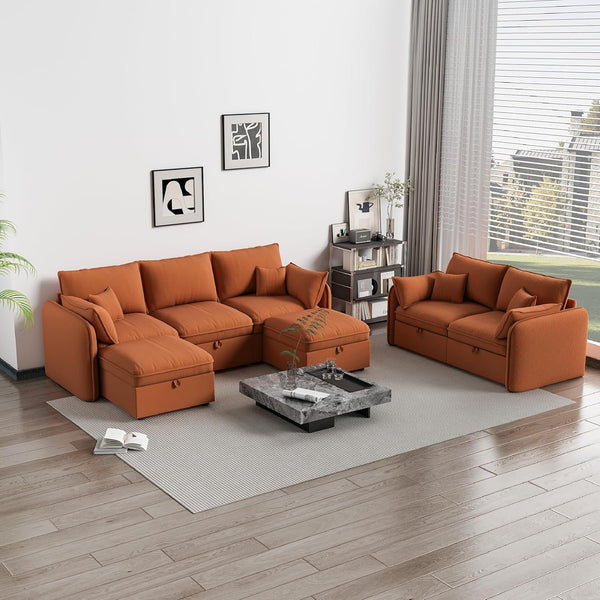 Akaber Modular Sectional Sofa, 107 Inch U Shaped Couch with Movable Storage Ottoman, 25 Inch Deep Seat, Cloud Couches for Living Room, Orange