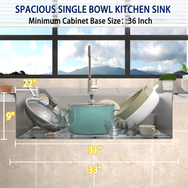 33 x 22 Inch Drop in Kitchen Sink, Pipleo 16 Gauge Stainless Steel Kitchen Sinks, 9 inch Deep Single Bow Kitchen Sink with Cutting Board, Colander, Roll-Up Rack, Workstation Sink for Kitchen