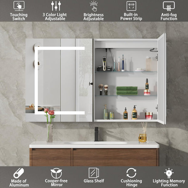 Medicine Cabinet with LED Mirror for Bathroom, 36''x24'' Aluminum, Wall Mounted Led Medicine Cabinet, Defog, Stepless Dimming, 3 Colors, 2 Outlets, 2USB, Wall Mounted