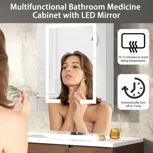 Medicine Cabinet with LED Mirror for Bathroom, 24''x30'' Aluminum, Wall Mounted Led Medicine Cabinet, Defog, Stepless Dimming, 3 Colors, 2 Outlets, 2USB