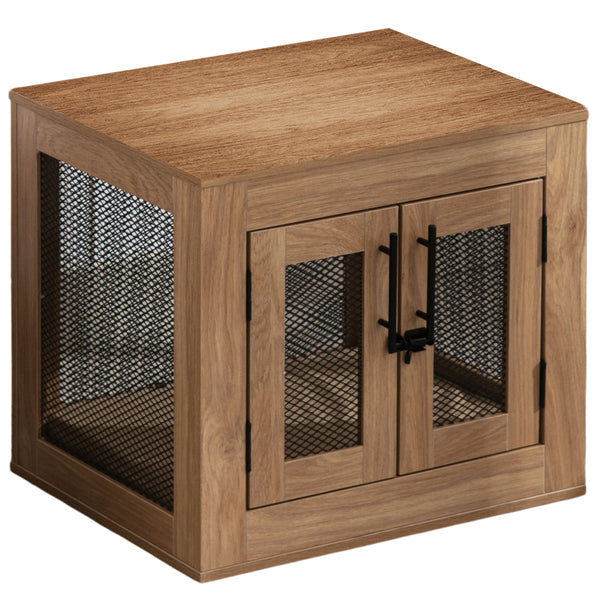 Wooden Dog Crate Furniture with Cushioned Tray and Double Doors - Stylish End Table for Small Dogs and Cats