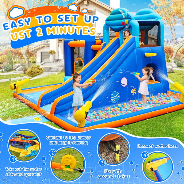 Akaber 10-in-1 Giant Inflatable Water Slide Park for Kids, 2 Min Blow Up Backyard Water Park with Large Slide, Pool, Tunnel, Bounce House, Basketball Hoop, Climbing Wall & Air Blower