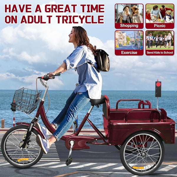Pipleo Adult Tricycle, 20 Inch 3-Wheel Bikes Carrying Passengers and Cargo, Trike for Adults with Front Baskets for Women, Seniors, Men, Low Step-Through Cruiser Bike for Cycling, Outing, Picnic