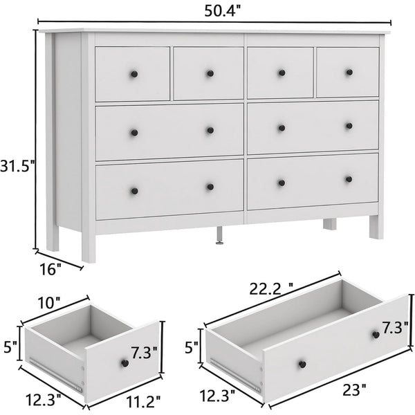 Pipleo White Dresser, 8 Drawer Dresser, 50" Modern Wooden Dressers Chests of Drawer, 8 Drawers Wide Dresser for Bedroom