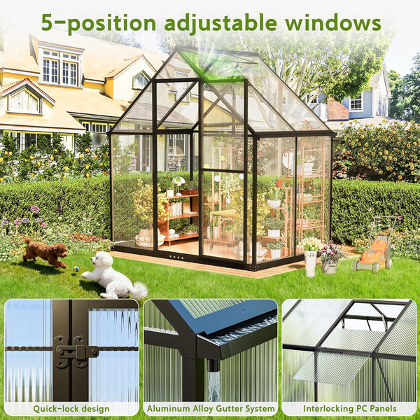 6x4 FT Greenhouse for Outdoors, NEORIVER Quick Assembly Polycarbonate Green House with UV Protection, Heavy-Duty Windproof Aluminum Frame, Adjustable Roof Vent – for Backyard, Garden or Patio