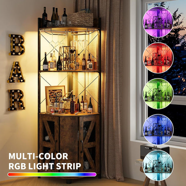 Corner Bar Cabinet with RGB LED Lights and Power Outlet, 63 Inch, 5-Tier Industrial Corner Wine Cabinet with Glass Holder, Corner Liquor Cabinet for Home, Coffee Bar Cabinet