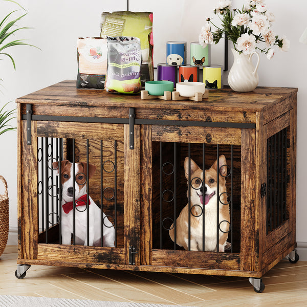 Stylish Dog Crate Furniture with Sliding Barn Door - 39'' Movable Crate with Wheels, Side Door, Detachable Divider, and Flip-Top Design for Small to Medium Dogs