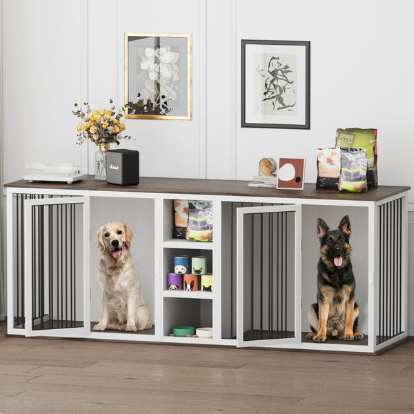 Large Dog Crate Furniture for 2 Dogs, 79.5'' Indoor Dog Kennel with Adjustable Shelves, All Steel Frame Heavy Duty Dog Crate with Wood Top, Double Dog Cage for Small Medium Large Dogs